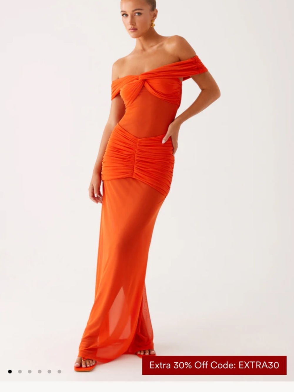 Peppermayo Orange Off-Shoulder Ruched Maxi Dress